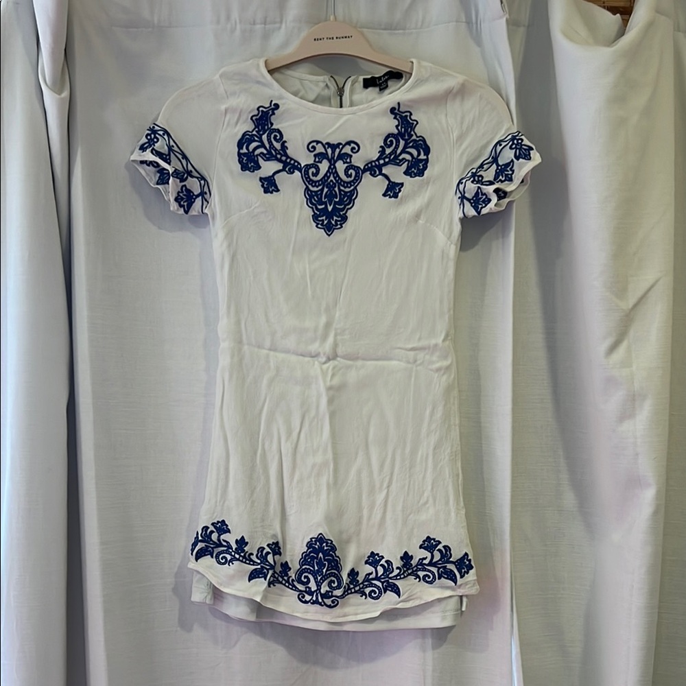 Elegant White and Blue Embroidered Women's dress